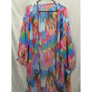 Women's Bikini Cover-up Long Cardigan Colorful Feathers OSFM New